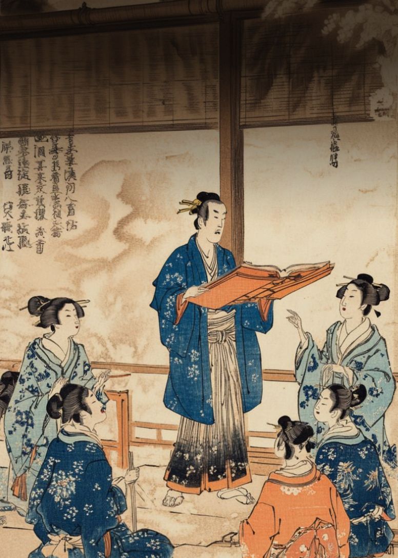 Art japonais traditionnel montrant des personnages en kimono, symbolisant l'héritage culturel du Japon