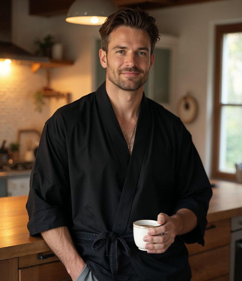 Homme portant un haori noir dans sa cuisine