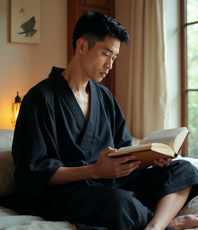 Un homme porte un jinbei pour homme noir, il se détend en lisant un livre sur son lit