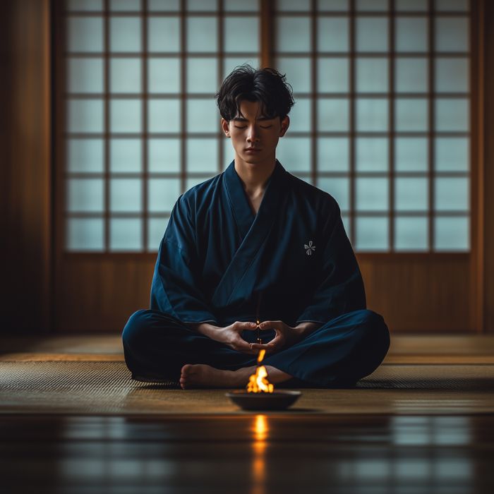 Homme en Jinbei assis en méditation dans une pièce japonaise, devant un feu, incarnant la simplicité, l’équilibre et la pleine conscience inspirés du bushido.