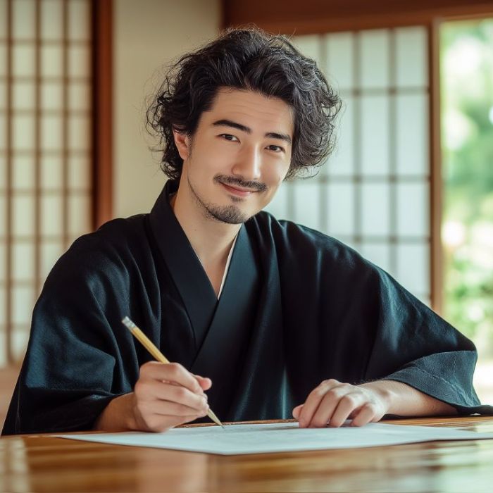 Homme souriant en train d’écrire avec un pinceau, portant un Jinbei traditionnel dans une pièce japonaise avec portes shoji, symbolisant l'héritage des samouraïs.