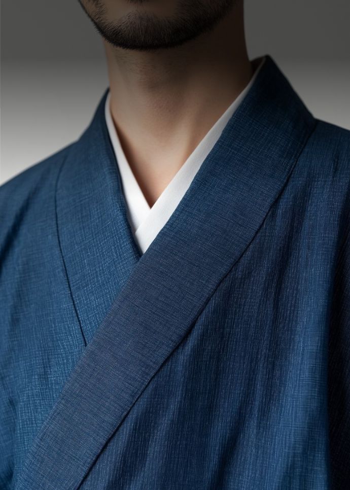 Kimono bleu avec design traditionnel japonais, mise en valeur de la coupe unique