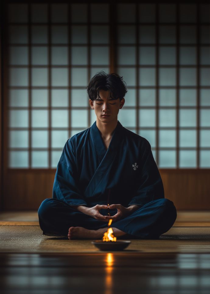 Un homme porte un kimono japonais pendant une séance de méditation, idéal pour instaurer une ambiance zen