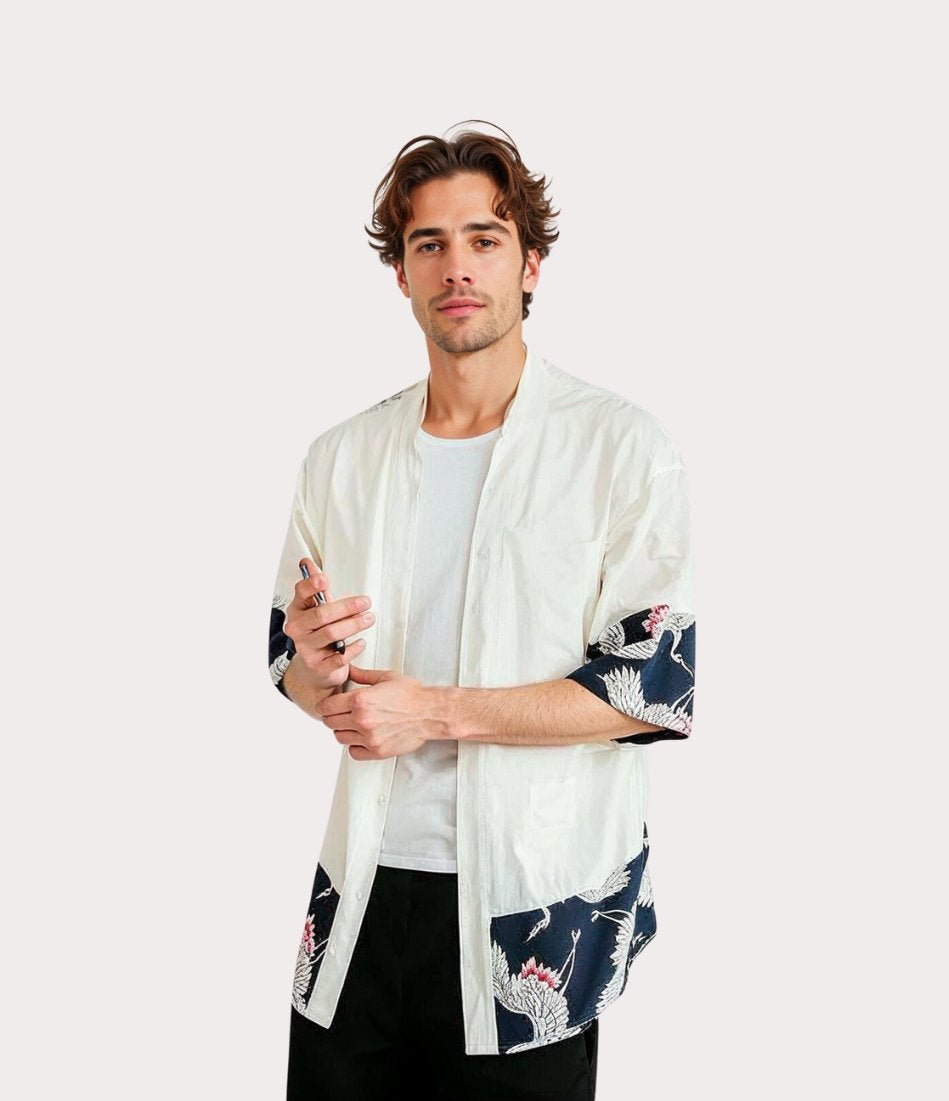 Kimono japonais moderne, haori blanc à motifs de grues