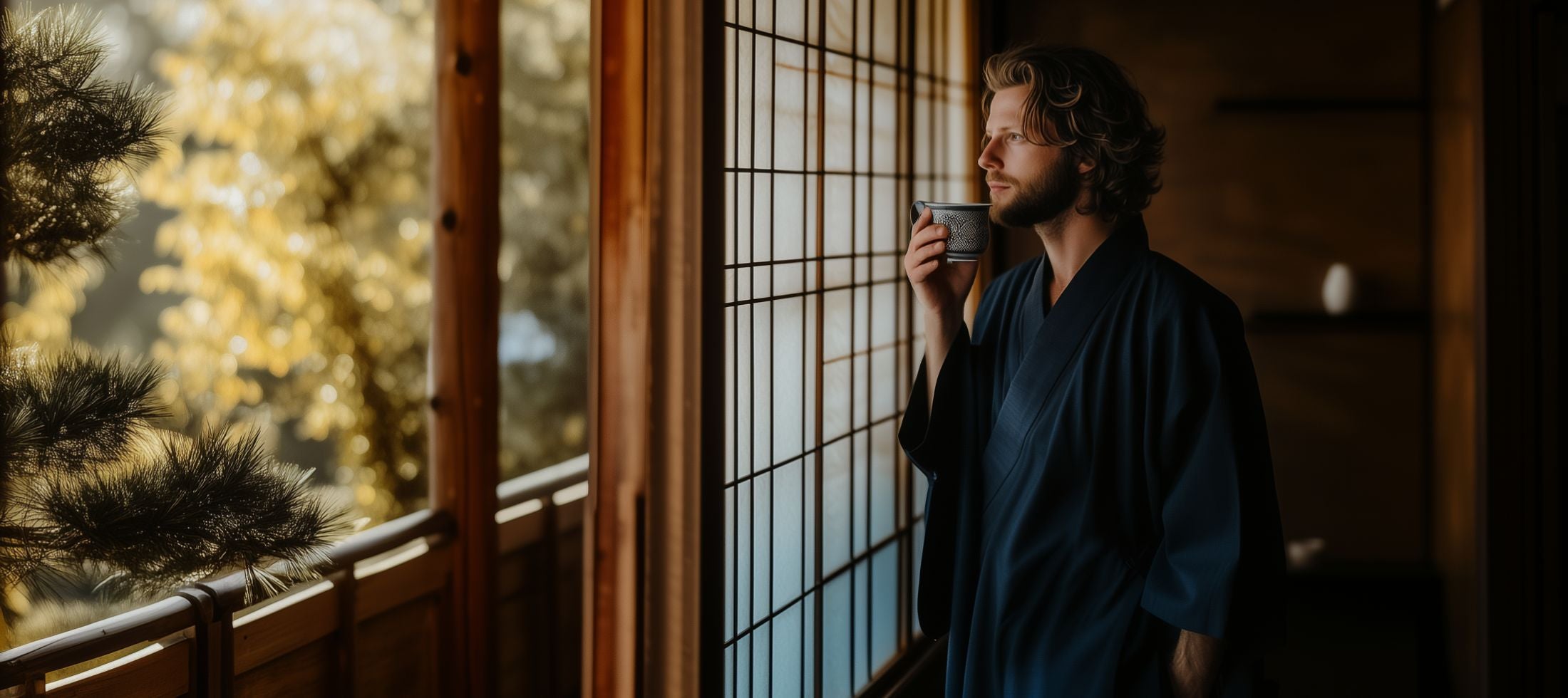 Homme portant un kimono japonais bleu dans une maison traditionnelle