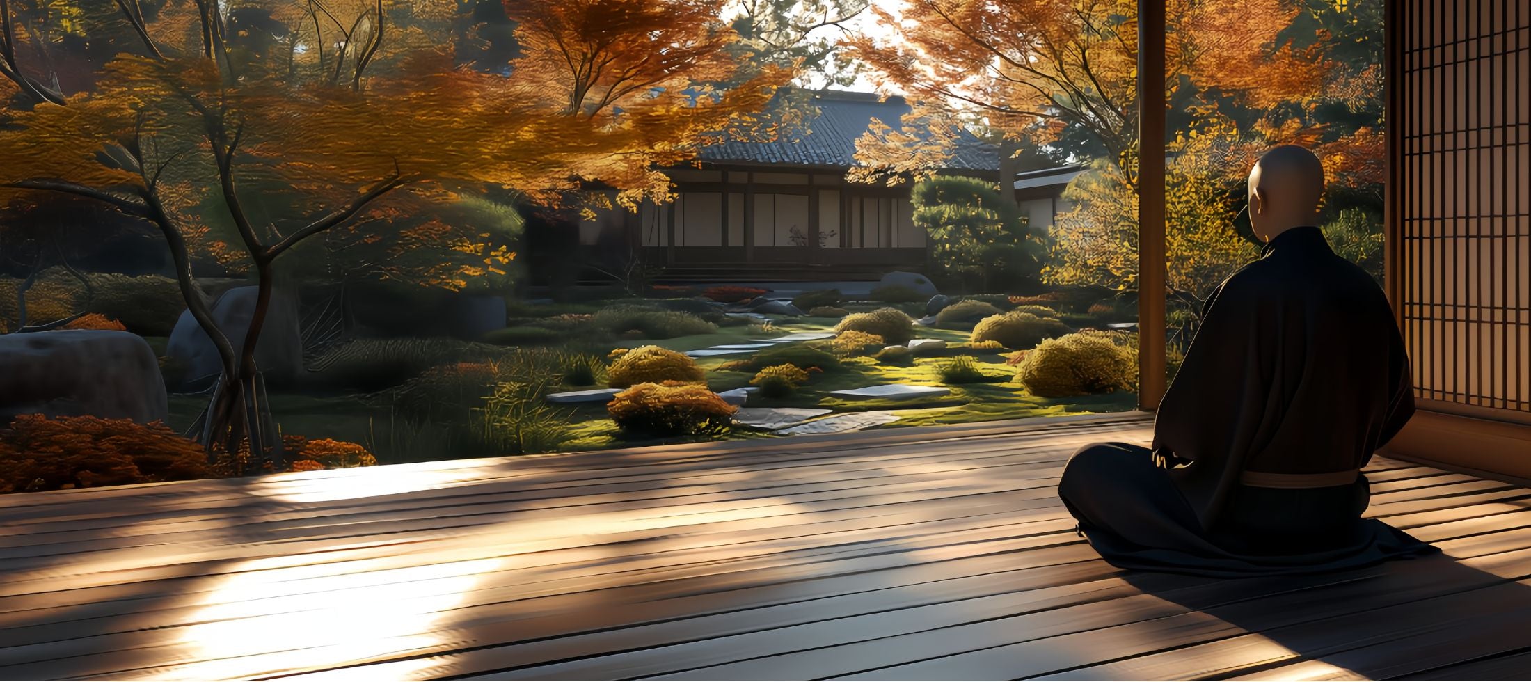 Kimono japonais porté lors d'une méditation en plein air, ambiance sereine dans un jardin d'automne