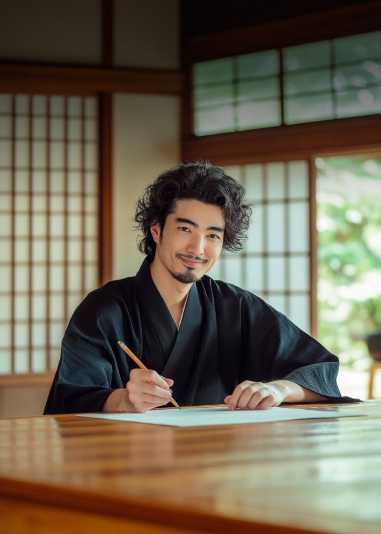 Homme en kimono noir traditionnel, illustrant la polyvalence du vêtement japonais pour se relaxer et travailler chez soi