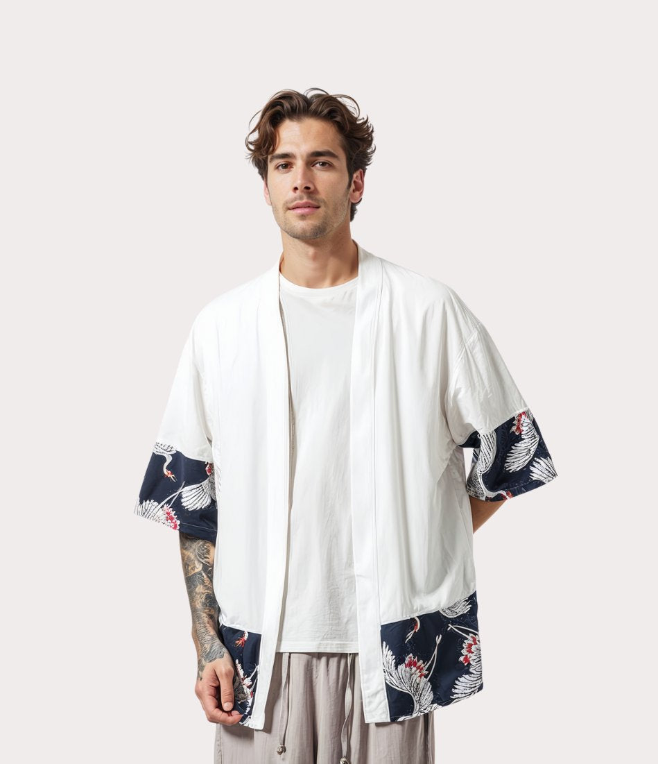 Kimono pour homme, haori blanc motif grues japonaises