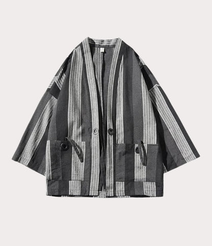 Manteau kimono japonais pour homme, haori rayé gris et noir traditionnel