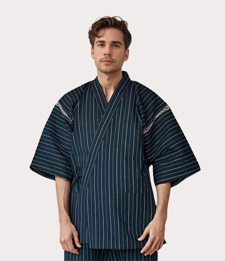 pyjama japonais pour homme à rayure bleu marine