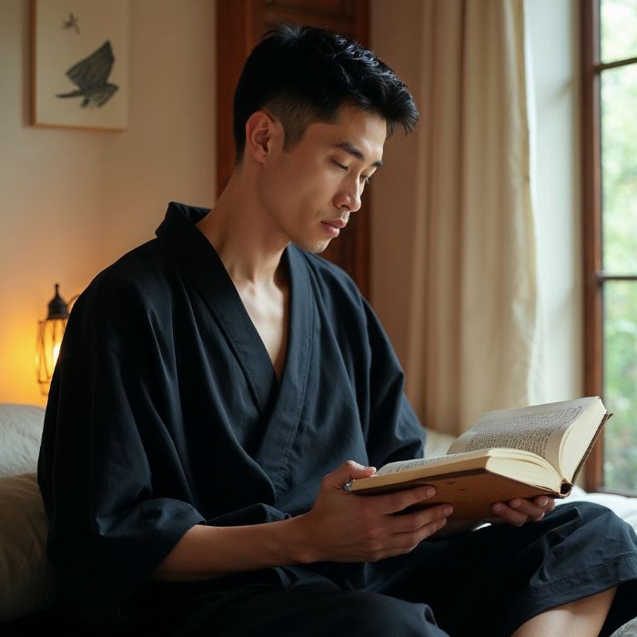 Homme relaxé portant un Jinbei, assis près d’une fenêtre et lisant un livre, représentant le confort et la douceur au quotidien.