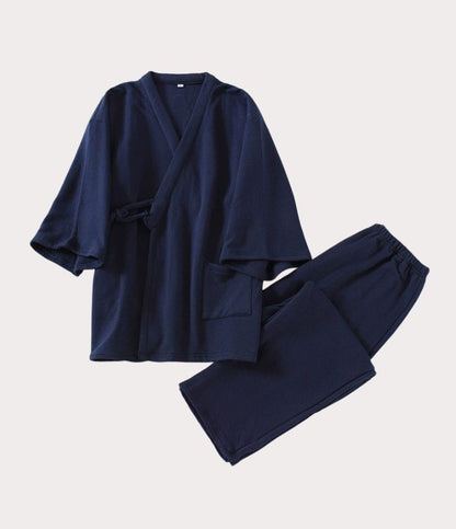 Pyjama japonais pour homme en coton chaud, bleu marine, idéal pour l'hiver