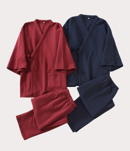 Deux pyjamas japonais pour homme en coton chaud, rouge et bleu, parfaits pour l'hiver