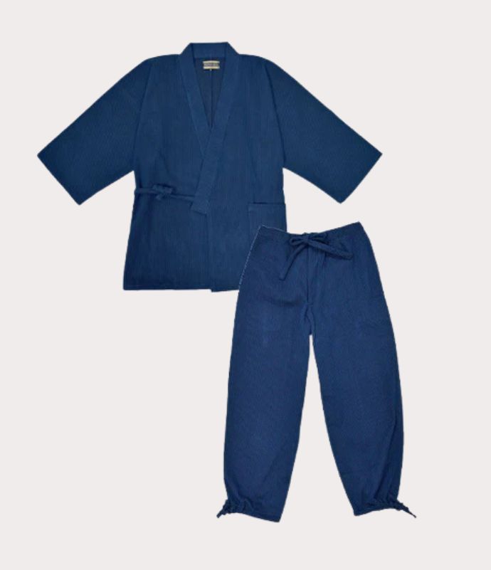 Pyjama japonais bleu traditionnel pour homme, ensemble veste kimono et pantalon