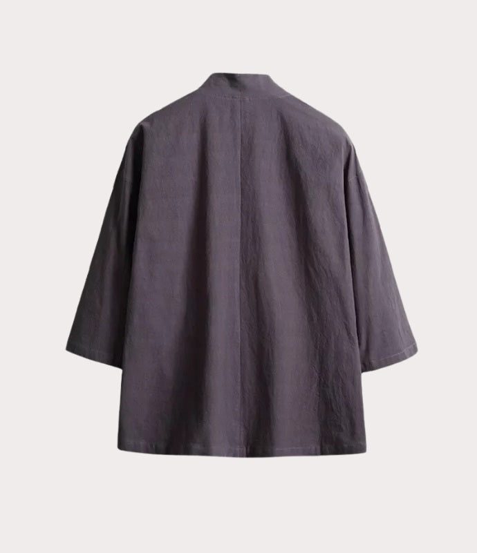 "Veste haori japonaise grise vue de dos, coupe traditionnelle