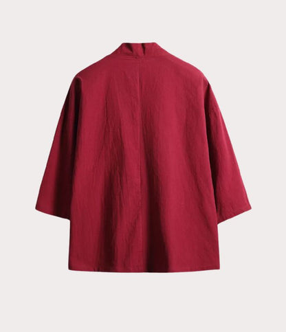 Veste haori japonaise rouge vue de dos, coupe traditionnelle